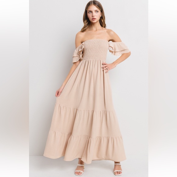 36 Boho Solid Flared Sleeve Long Tiered Dress - Picture 2 of 4